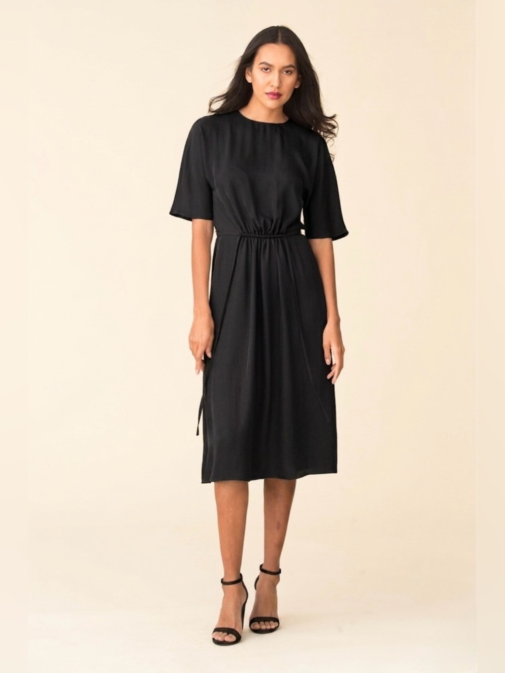 Vince Black Drape Twill Drawstring T-Shirt Midi Dress Size XS